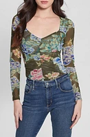 GUESS Reyla Floral Mesh Top Green at Nordstrom,