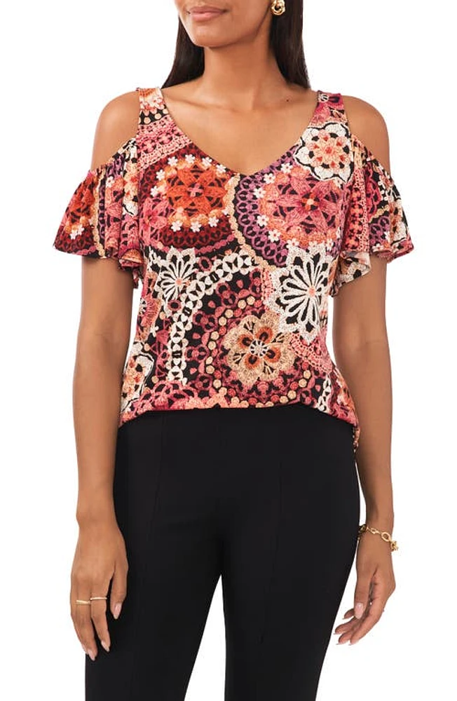 Chaus Floral Cold Shoulder Flutter Sleeve Knit Blouse Black/Berry/Mauve at Nordstrom,