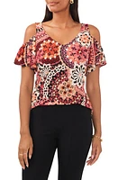 Chaus Floral Cold Shoulder Flutter Sleeve Knit Blouse Black/Berry/Mauve at Nordstrom,