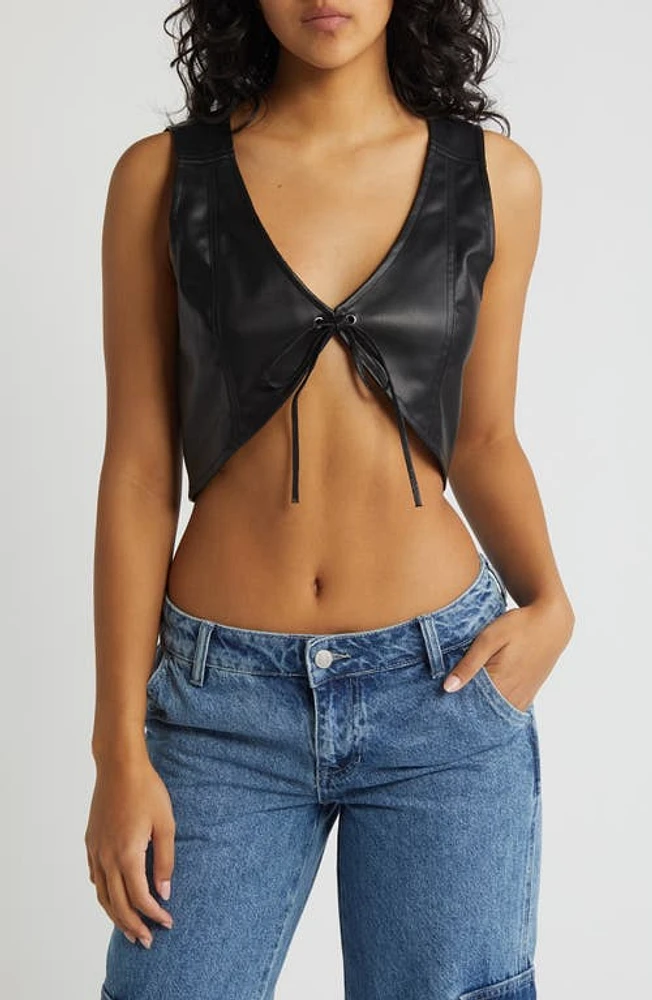 PacSun Tie Front Faux Leather Vest Black at Nordstrom,