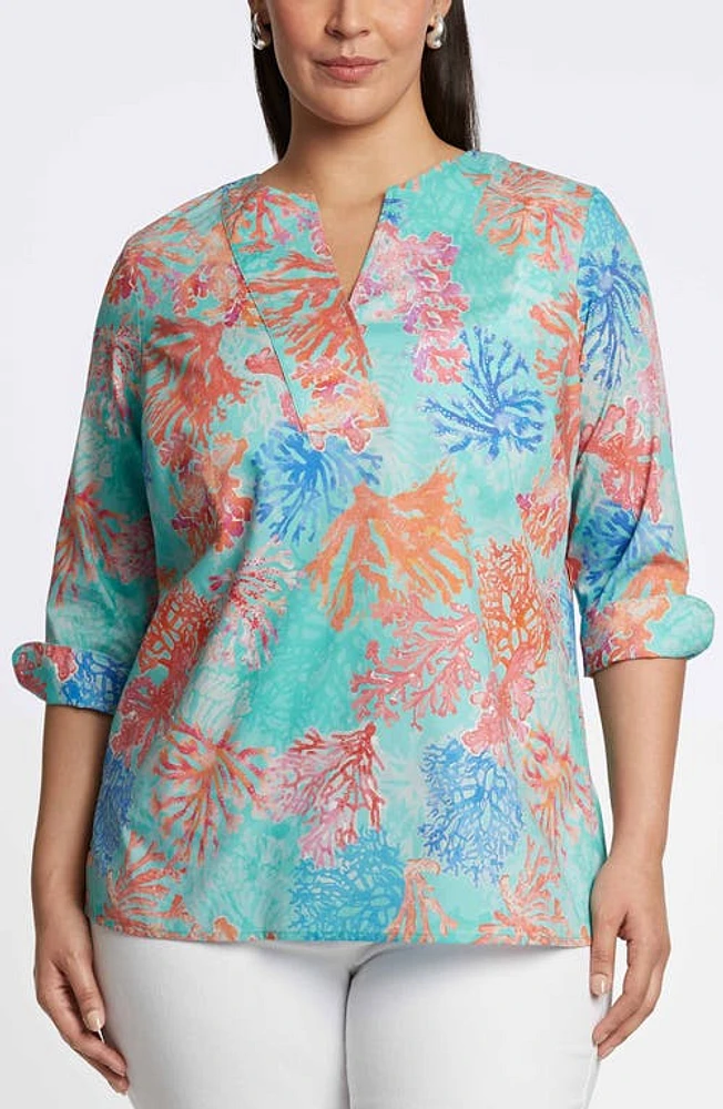 Foxcroft Vena Coral Print Cotton Tunic Shirt Blue Multi at Nordstrom,