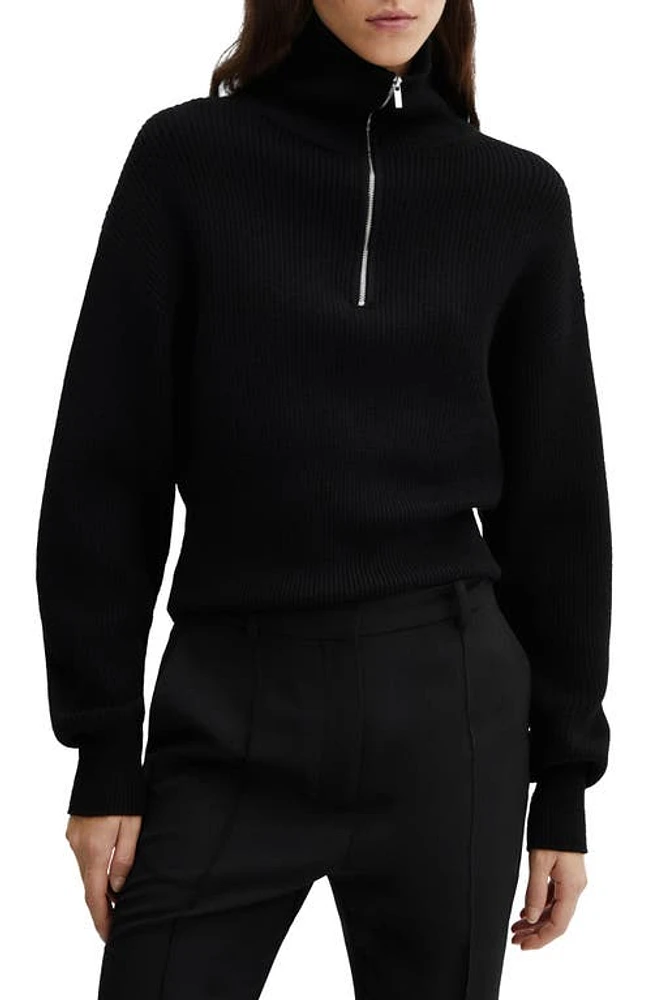 MANGO Half Zip Rib Sweater Black at Nordstrom,