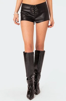 EDIKTED Wilde Lace Up Faux Leather Shorts Black at Nordstrom,