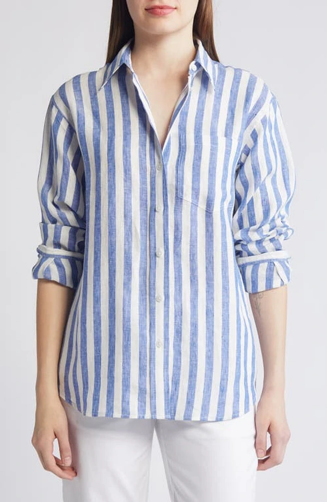 Boden Connie Stripe Linen Button-Up Shirt Cobalt at Nordstrom,