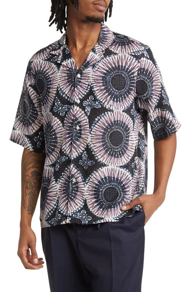 Officine Générale Eren Medallion Print Short Sleeve Button-Up Camp Shirt in Dknavy/Blue/Plumwine at Nordstrom, Size X-Large