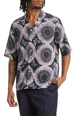 Officine Générale Eren Medallion Print Short Sleeve Button-Up Camp Shirt in Dknavy/Blue/Plumwine at Nordstrom, Size X-Large