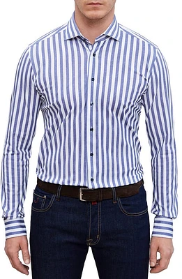 Emanuel Berg 4Flex Modern Fit Stripe Knit Button-Up Shirt Navy at Nordstrom,