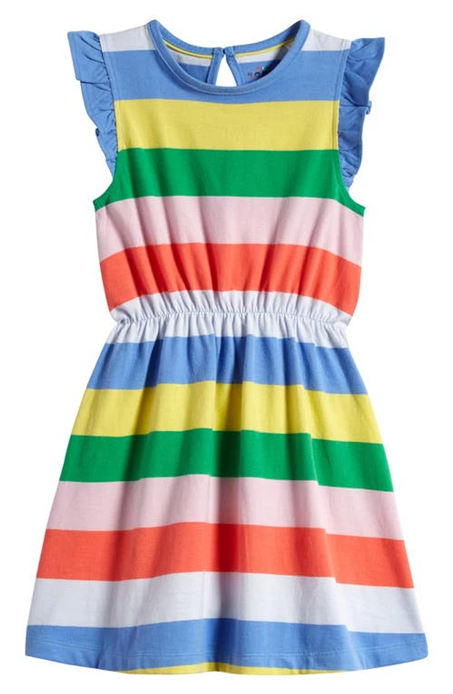 Mini Boden Kids' Stripe Ruffle Sleeve Jersey Dress Blue Multi at Nordstrom,