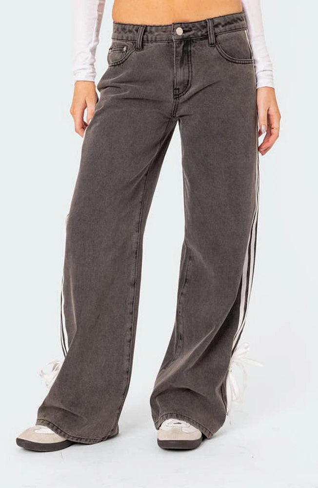 EDIKTED Ribbon Stripe Washed Low Rise Wide Leg Jeans Dark-Gray at Nordstrom,