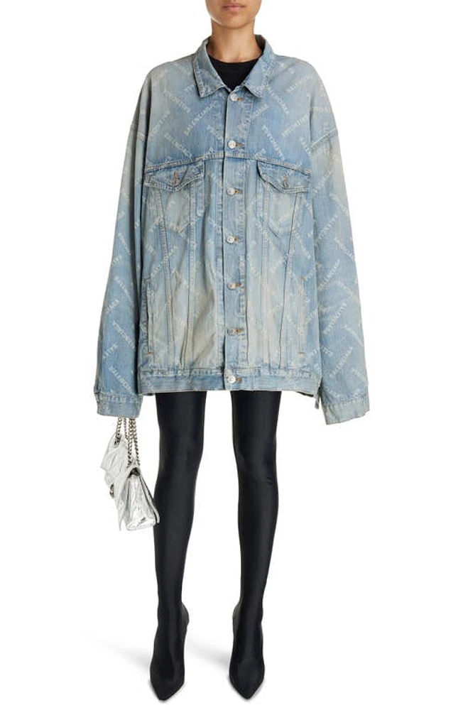 Balenciaga Logo Print Oversize Denim Jacket Blonde Ring at Nordstrom,