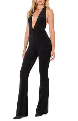 EDIKTED Terri Halter Wide Leg Velvet Jumpsuit Black at Nordstrom,