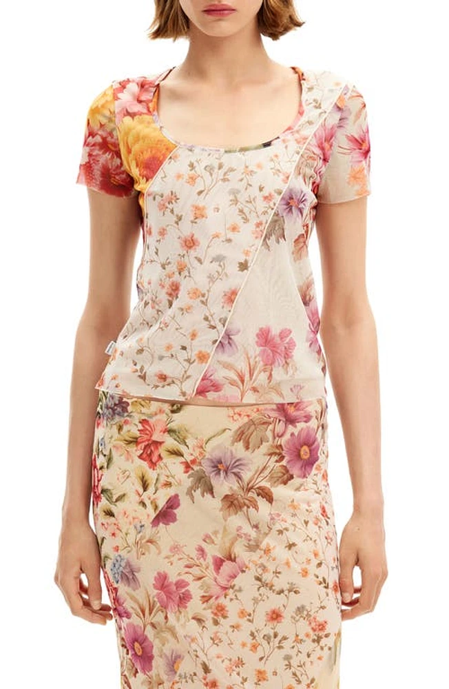 Desigual Dada Floral Print Mesh Top Ivory Mix at Nordstrom,