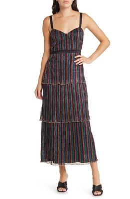 Saylor Aviva Metallic Stripe Tiered Midi Dress in Rainbow at Nordstrom, Size X-Small