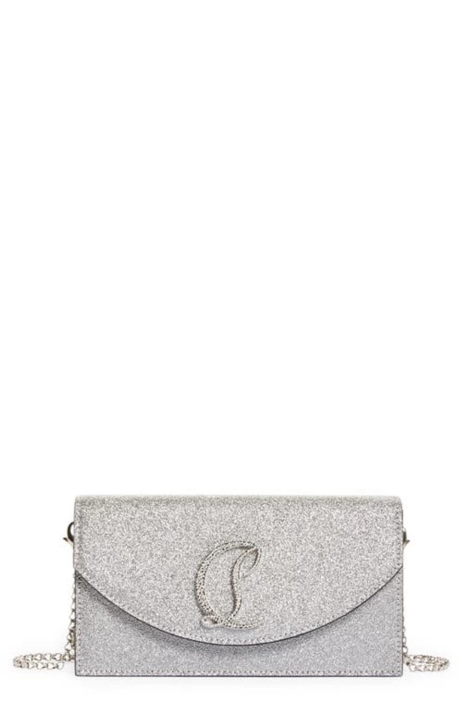 Christian Louboutin Loubi54 Metallic Glitter Leather Clutch in Silver/Silver-Crystal at Nordstrom