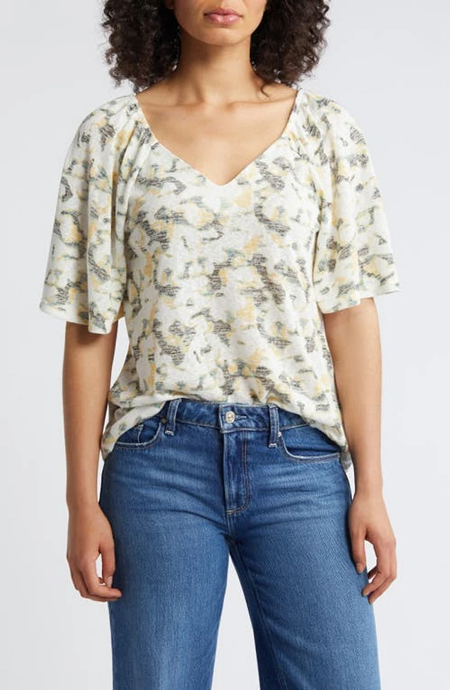 Bobeau Caty Flutter Sleeve Top Sage/Yellow at Nordstrom,