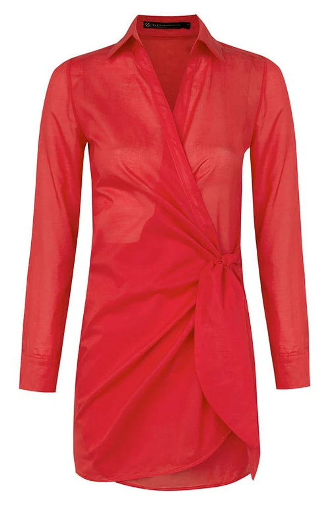 ViX Swimwear Lia Long Sleeve Cotton Cover-Up Wrap Dress Red at Nordstrom,