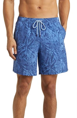 Peter Millar Tropicrazy Leaf Print Swim Trunks Atlantic Blue at Nordstrom,