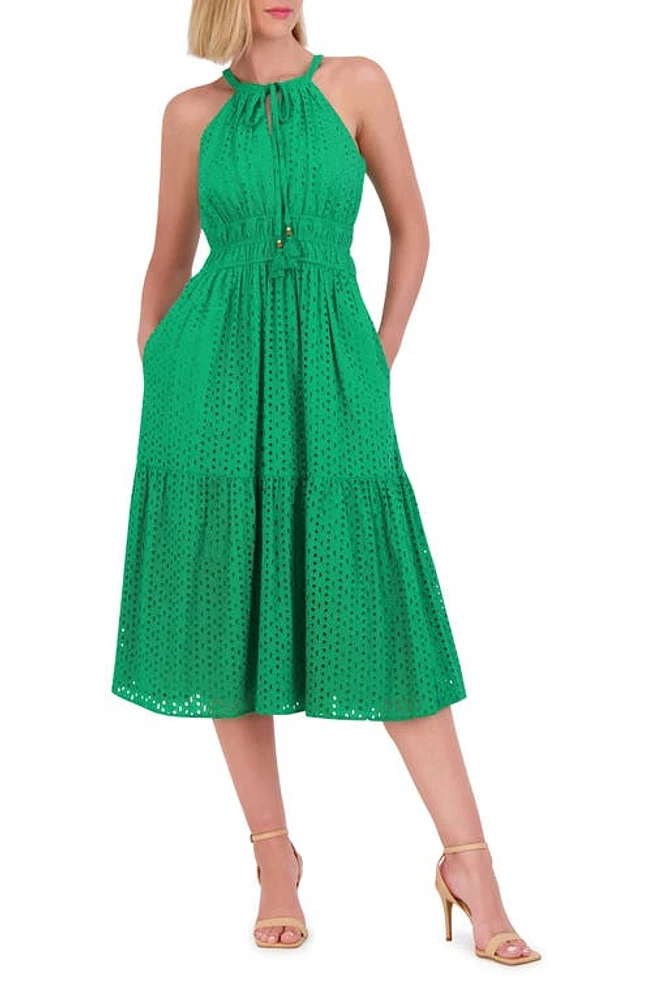 Vince Camuto Halter Neck Cotton Eyelet Midi Dress Green at Nordstrom,