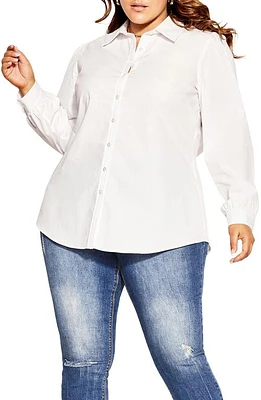 City Chic Clean Look Long Sleeve Cotton Button-Up Shirt Ivory at Nordstrom,