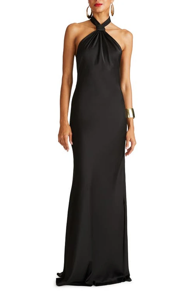 HALSTON Emie Satin Halter Gown Black at Nordstrom,