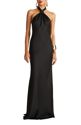 HALSTON Emie Satin Halter Gown Black at Nordstrom,