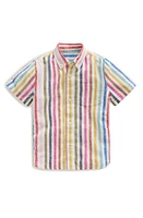 Mini Boden Kids' Stripe Short Sleeve Linen & Cotton Button-Down Shirt Ivory Multistripe at Nordstrom,