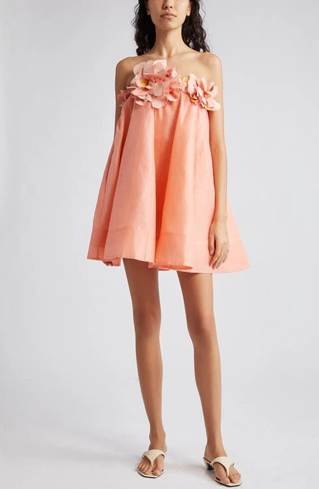 Zimmermann Natura Floral Appliqué Strapless Linen & Silk Minidress Coral at Nordstrom,