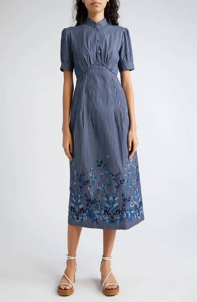 Loretta Caponi Clea Stripe Embroidered Midi Dress Blue Denim Leaves at Nordstrom,