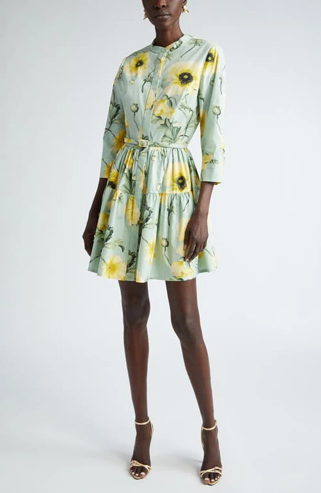 Oscar de la Renta Poppy Print Belted Shirtdress Sage/Yellow at Nordstrom,