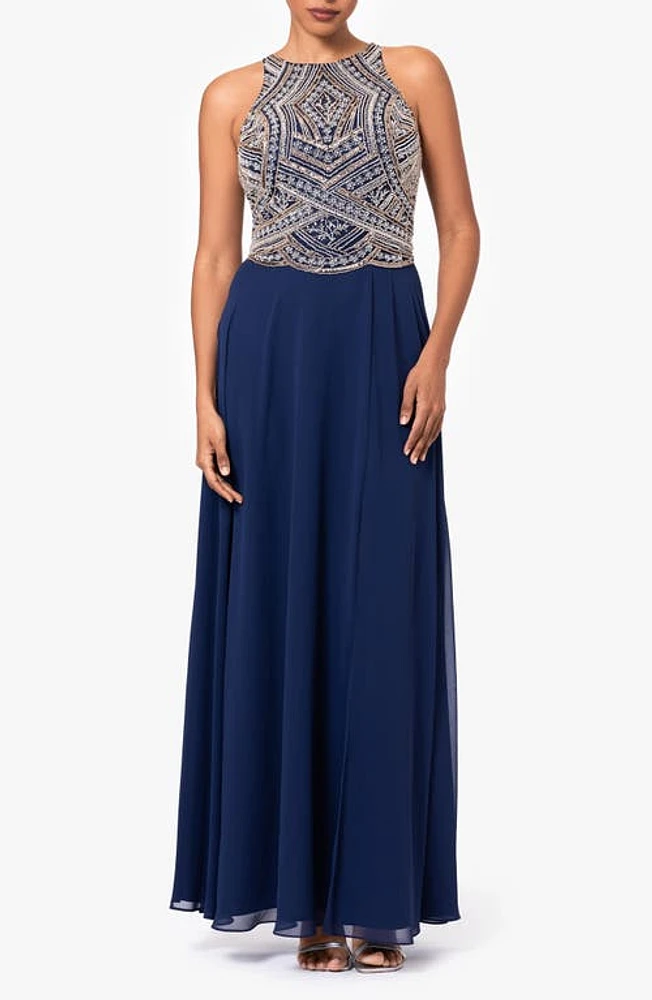 Betsy & Adam Beaded Bodice Sleeveless Gown Navy/Silver/Copper at Nordstrom,