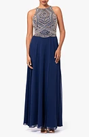 Betsy & Adam Beaded Bodice Sleeveless Gown Navy/Silver/Copper at Nordstrom,