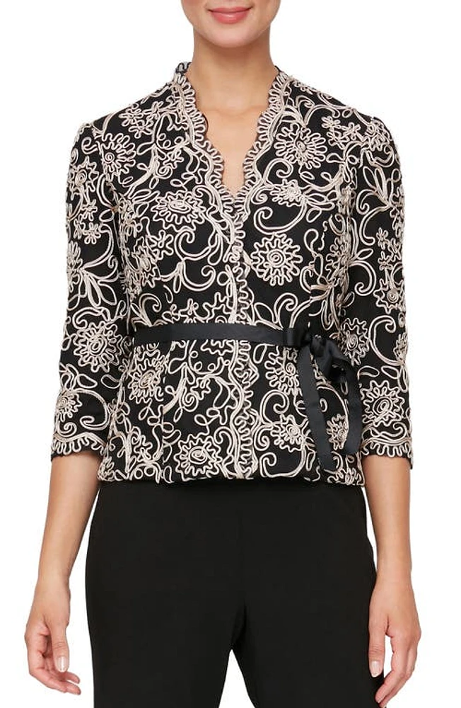 Alex Evenings Embroidered Illusion Sleeve Blouse Black/Taupe at Nordstrom,