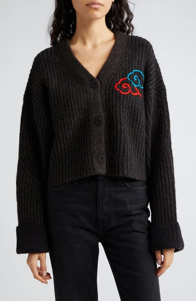 YanYan Rain Cloud Embroidered Crop Wool Blend Rib Cardigan in Chocolate at Nordstrom, Size X-Small