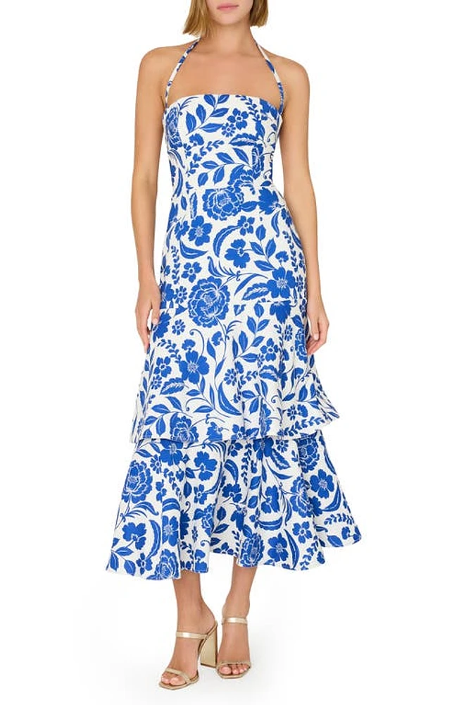 Milly Flowers of Spain Linen Blend Midi Sundress Blue/White at Nordstrom,