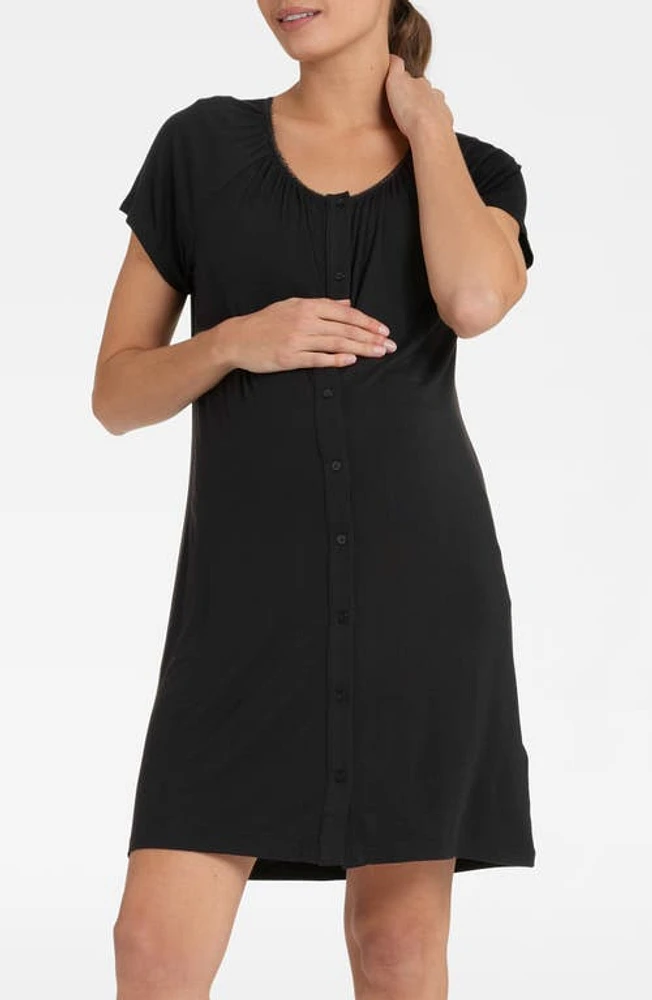 Seraphine Button-Up Maternity Nightgown Black at Nordstrom,