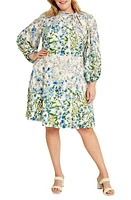 Maggy London Floral Tie Neck Long Sleeve Dress Ivory/Blue at Nordstrom,