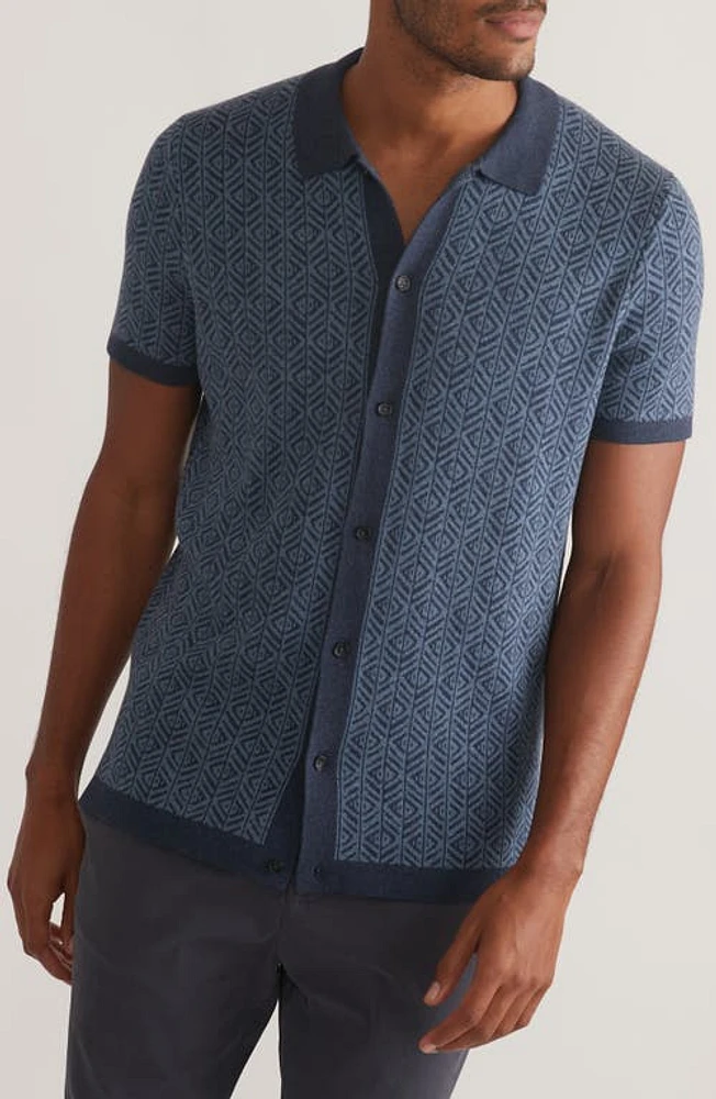 Marine Layer Ethan Knit Button-Up Shirt Blue Geo Jacquard at Nordstrom,