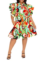 BUXOM COUTURE Geometric Print Ruffle Tie Waist Dress Green Multi at Nordstrom, X