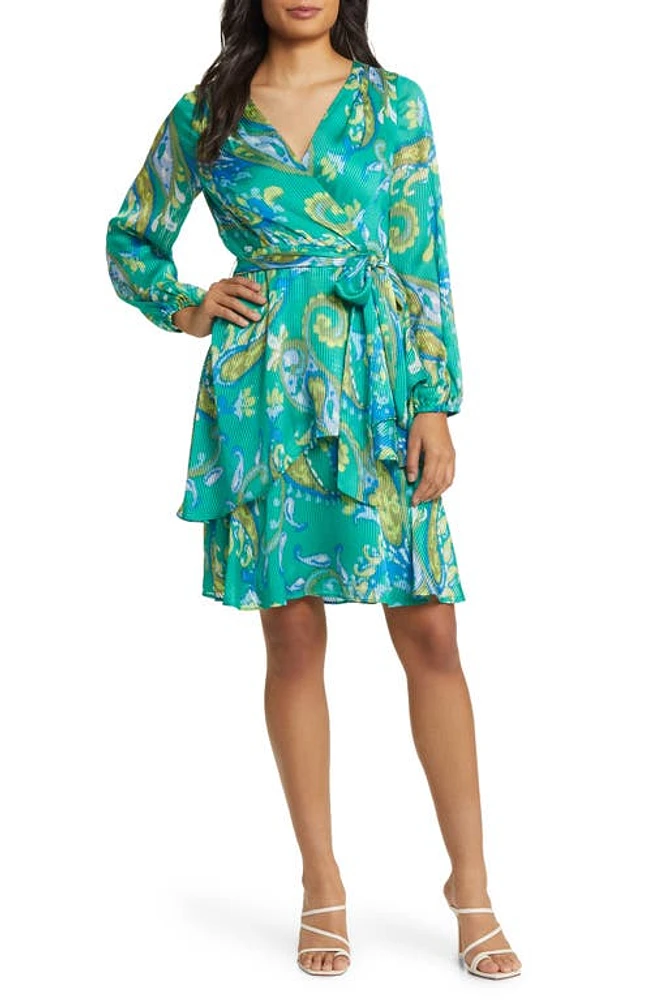 Tahari ASL Floral Print Faux Wrap Dress Basil Blue Lime at Nordstrom,