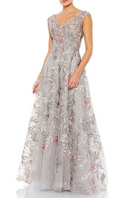 Mac Duggal Floral Embroidered V-Neck Tulle Ballgown at Nordstrom,