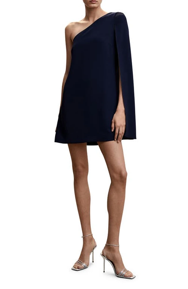 MANGO One-Shoulder Cape Sleeve Minidress Dark Blue at Nordstrom,