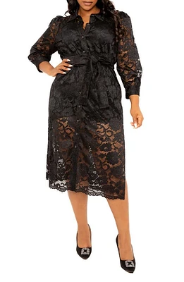 BUXOM COUTURE Floral Tie Belt Lace Midi Shirtdress Black at Nordstrom,