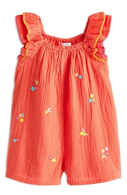 NEXT Kids' Embroidered Flutter Sleeve Cotton Romper Coral at Nordstrom,