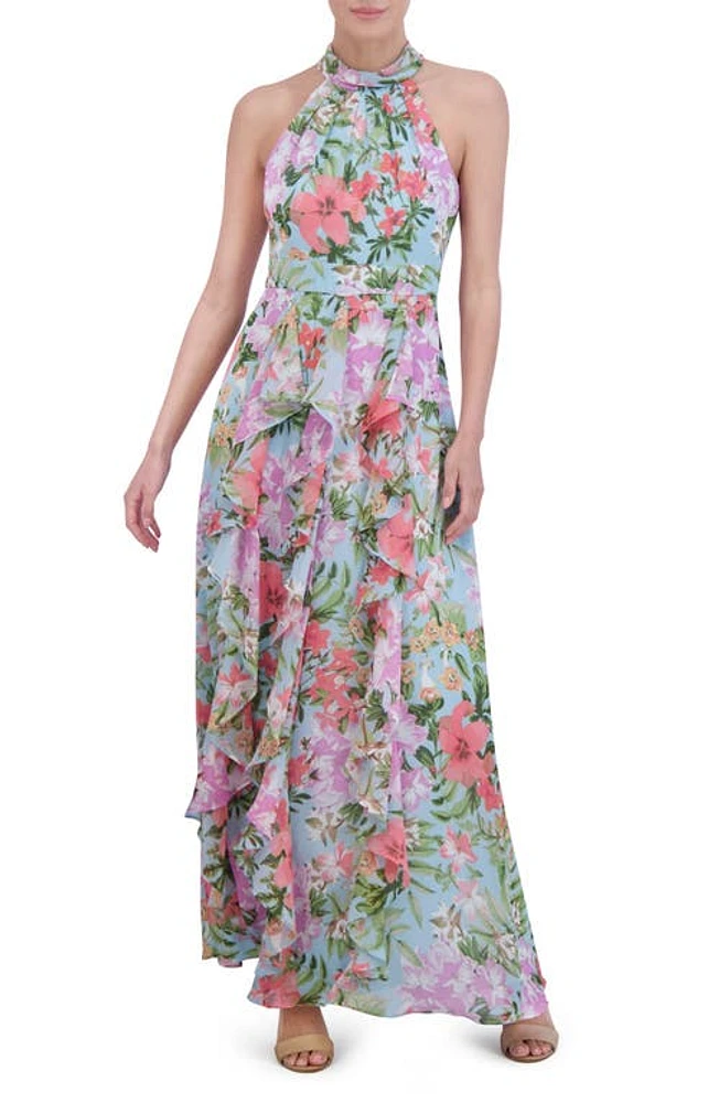 Eliza J Floral Ruffle Detail Maxi Dress Light Blue at Nordstrom,