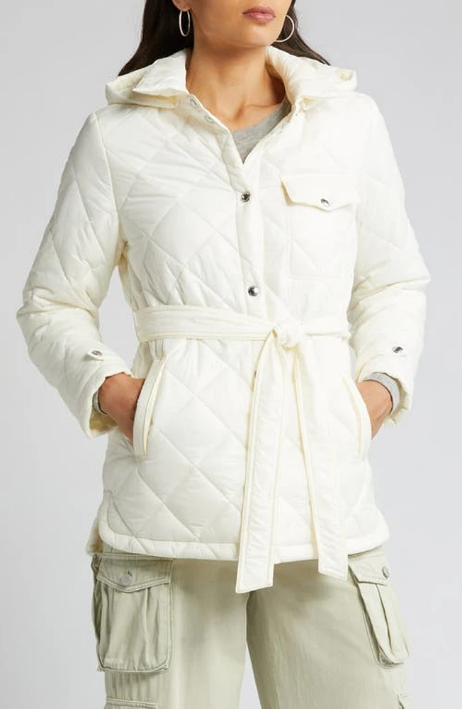 Sam Edelman Diamond Quilt Hooded Belted Shacket Cream at Nordstrom,