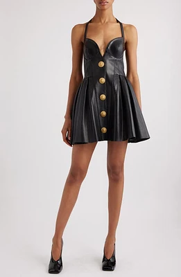 Balmain Halter Neck Leather Skater Dress Black at Nordstrom, Us