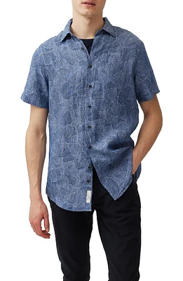 Rodd & Gunn Ellerby Leaf Print Short Sleeve Linen Button-Up Shirt Denim at Nordstrom,