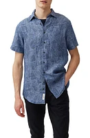 Rodd & Gunn Ellerby Leaf Print Short Sleeve Linen Button-Up Shirt Denim at Nordstrom,