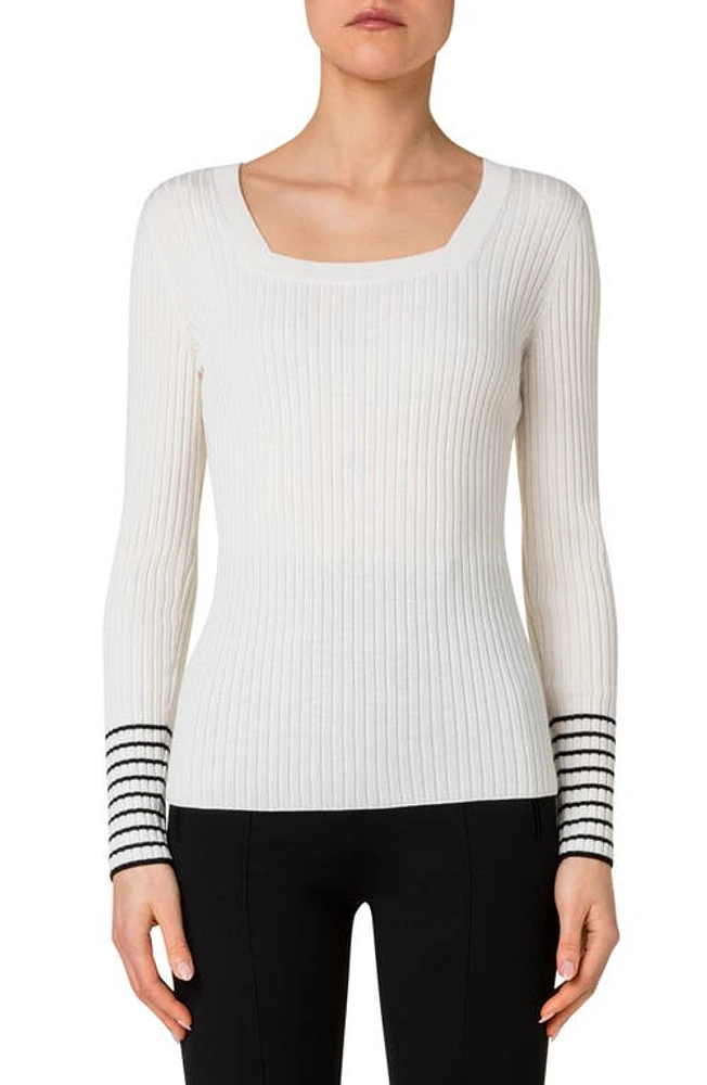 Akris punto Square Neck Rib Virgin Merino Wool Fitted Sweater in 119 Cream-Black at Nordstrom, Size 10