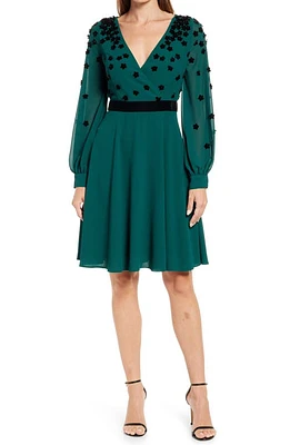 Shani Georgette Floral Appliquè Long Sleeve Dress Green at Nordstrom,